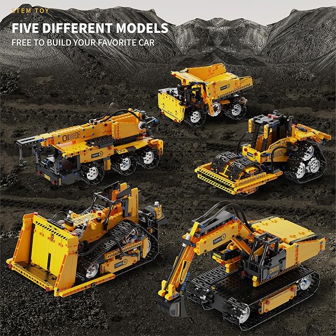 5 in 1 RC Excavator Construction Vehicle Building Block Sets App and Remote Control Bulldozer Engineering Science Kits Stem Toys for Boys Ages 8-12 (535 Pieces