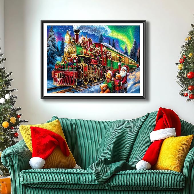 Christmas Train 500 Piece Jigsaw Puzzle for Adults Holiday Northern Lights Winter Town Scene Santa Puzzle Cute Bears Festive Fun Gift Family Games for Adults Seniors & Families (23x15in)