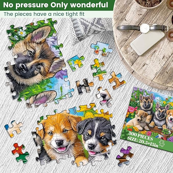 300 Piece Puzzles for Adults,Fun Puppies Puzzle for Adults Teens,Large Piece Cute Dogs Jigsaw Puzzle for Kids Ages 8-10 10-12,Glossy Sturdy Pieces,Challenging Family Game Great Gift Idea,20.5 x 15 in