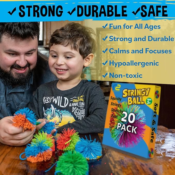 Stringy Balls & Sensory Toys for Kids 20 Pack - Stocking Stuffers For Kids Ages 4 5 6 7 8 9 Year Old Gift Ideas - Best Birthday Toddler Gifts for Boys & Girls - Monkey Pom Balls Fidget Toys Party Pack