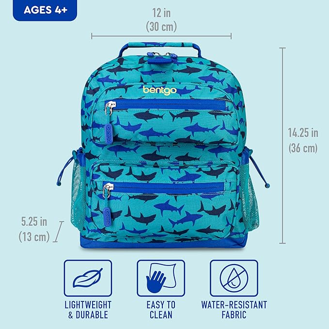 Bentgo Kids Backpack - Lightweight 14” Backpack in Fun Prints for School, Travel, & Daycare, Ideal for Ages 4+, Roomy Interior, Durable & Water-Resistant Fabric, & Loop for Lunch Bag (Shark)