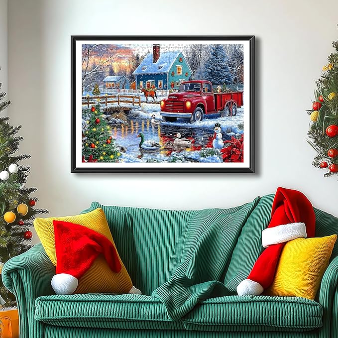 Christmas Winter Scene Jigsaw Puzzle 1000 Pieces for Adults Vintage Red Truck Snowy Country Blue House Ducks Snowman Holiday ICY River Landscape Festival Family Games for Adults
