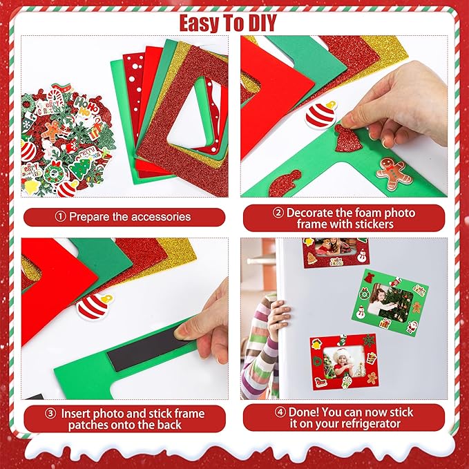 Fovths 24 Packs Christmas Foam Picture Frame Kits DIY Christmas Frame Crafts Picture Craft with 300 Self Adhesive Stickers for Xmas Party Favors Birthday Home Decor