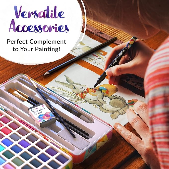 Watercolor Paint Set - 50 Travel Watercolors Set - Water Colors Paint for Adult, Kids, Beginners, Professional Artists | Watercolor Palette with Paper, Brush, Pen | Art Supplies for Adults