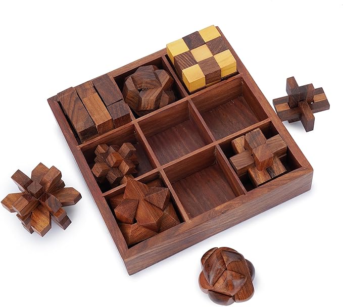 Ajuny 9-in-1 Wooden Puzzle Game Set 3D Brain Teasers Puzzles IQ Logic for Teens and Adults Handmade Interlocking Kongming Lock Game with Decorative Storage Box Unique Gift for Christmas and Birthdays