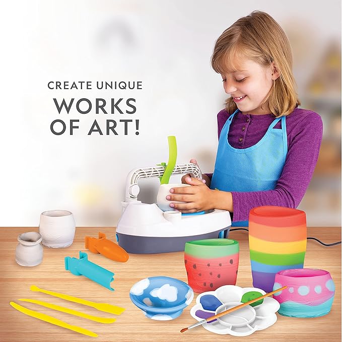 Blue Marble National Geographic Deluxe Pottery Wheel Kit – Complete Starter Pottery Set, Plug-in Motor, 3 lbs. Air Dry Clay, Gemstone Chips, Sculpting Tools, Patented Arm Tool, Paints & More