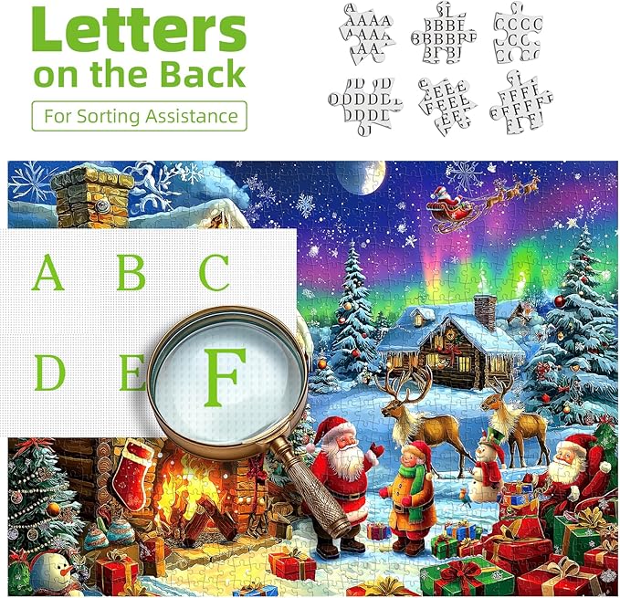 Christmas 500 Piece Jigsaw Puzzles for Adults Northern Lights Cabin Puzzle Santa Reindeer Scene Winter Holiday Landscape Puzzle with Letters on Back Art Fun Festive Gift for Family Seniors (23x15in)