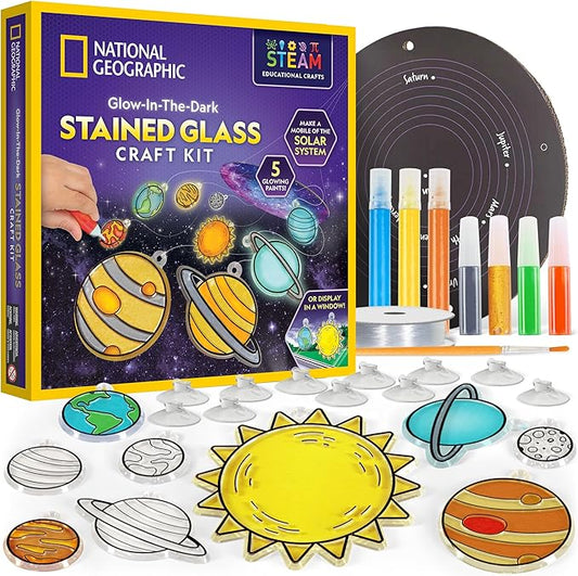 NATIONAL GEOGRAPHIC Kids Window Art Kit - Stained Glass Solar System Arts & Crafts Kit with Glow in The Dark Planets, Use as Window Suncatchers, Hanging Decor from Ceiling, Mobile, Space Room Decor