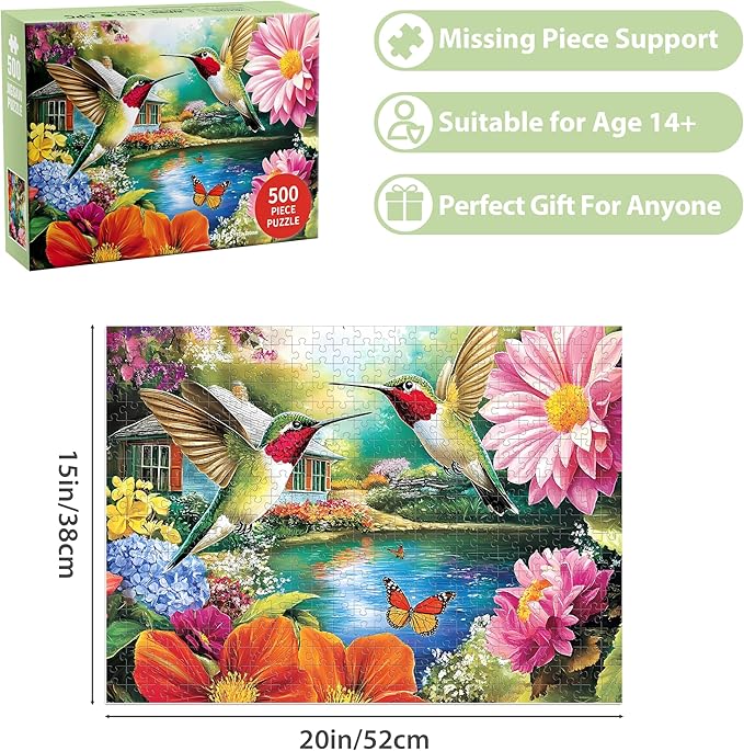 500 Pieces Puzzles for Adults Puzzle Hummingbird Flower Jigsaw Puzzles 500 Piece for Adults Kids Seniors, Letters on Back Challenging Toys Great Gift for Family Friends 20.5 x 15 in