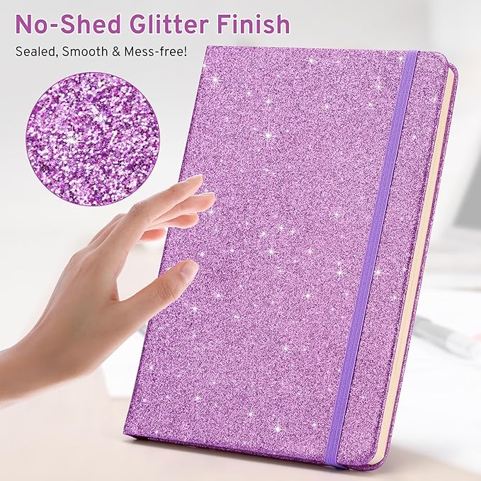 Purple Glitter Notebook, 8.4"x 5.7", 200 Lined Pages, No-Shed Sparkle Journal for Girls & Women, A5 Hardcover Diary for Writing, Birthday Gift for Teen Kids, Trendy Stuff for 6 8 9 10 11 12 Year Old