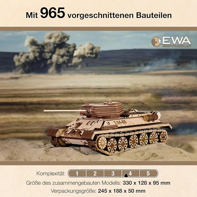 3D Wooden Puzzles for Adults - DIY T-34-85 Tank 3D Puzzle Model Kit with Rubber Band Engine, Rolling Wheels & Rotating Cannon - 3D Wooden Puzzle for 15 yrs Above & Adults - Eco Wood Art, 965 Pieces