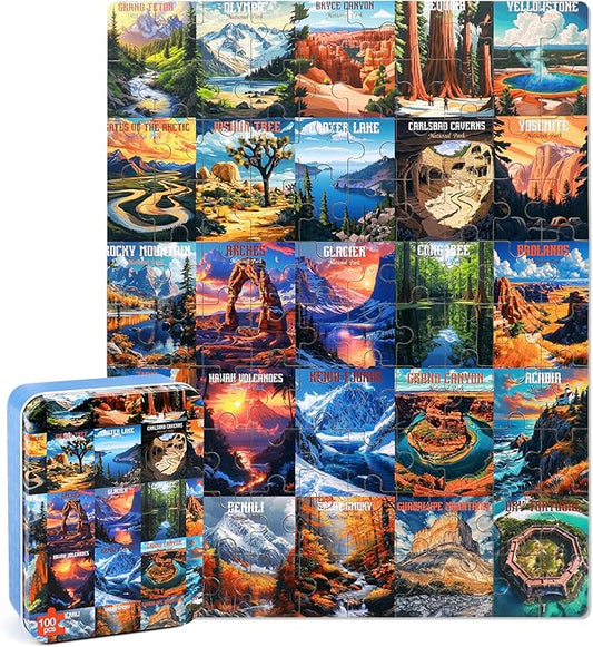LELEMON Nation Park Jigsaw Puzzles in a Metal Box 100 Pieces World Park Jigsaw Puzzle for Adults Kids Ages 4-8 Children Learning Educational Puzzles Toys