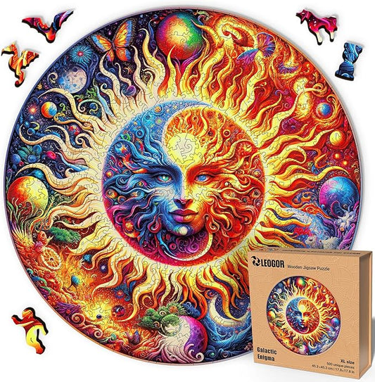 LEOGOR Wooden Jigsaw Puzzles for Adults 500 Pieces (17.8 x 17.8 in), Galactic Enigma Sun Moon Puzzle, Extra-Thick 5mm Wood, Unique Round Mosaic Puzzle with Animal Shaped Pieces, Advanced Brain Teaser
