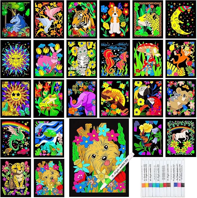 Zhanmai Pack of 48 Velvet Coloring Posters and Watercolor Pens Animal Fuzzy Velvet Coloring Posters for Adults Teenagers Large Poster for Classroom Festive Holiday Arts Crafts Activity