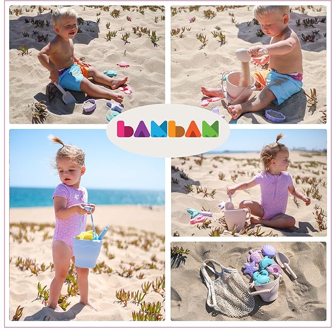 BAMBAM Baby โ Premium Silicone Beach Toys for Toddlers & Baby | 100% BPA Free, Safety Tested | 8 Piece Sand Bucket Set for Kids Ages 6 Months and Up (Beach Blue)