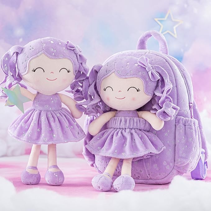 Gloveleya 11 Inches Toddler Backpack Baby Girl Gift Plush Bag Featuring Curly-Haired Doll Design with Silver Heart Accents in Soft Purple