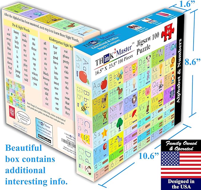 Think2Master Colorful Alphabet & Numbers 100 pieces Jigsaw Puzzle fun educational toy for kids, school & families. Great gift for boys & girls ages 3+ to stimulate learning. Size:23.4” X 16.5”