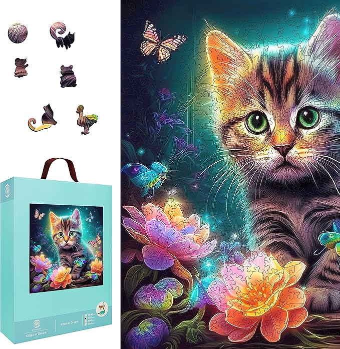 Mys Aurora Wooden Puzzles, Kitten in Dream Wooden Jigsaw Puzzles 200 Piece, Unique Luxurious Shaped Wood Puzzle for Adults and Kids, Best Gift for Birthday 11.2 x 11.2 Inch