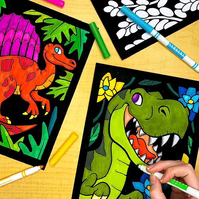 Dinosaurs - 6 Pack of Fuzzy Velvet Coloring Posters for Kids, Toddlers, Girls, and Boys (All Ages Arts and Crafts Activity) - Includes T-Rex, Stegosaurus - Perfect for Vacation Travel or Plane