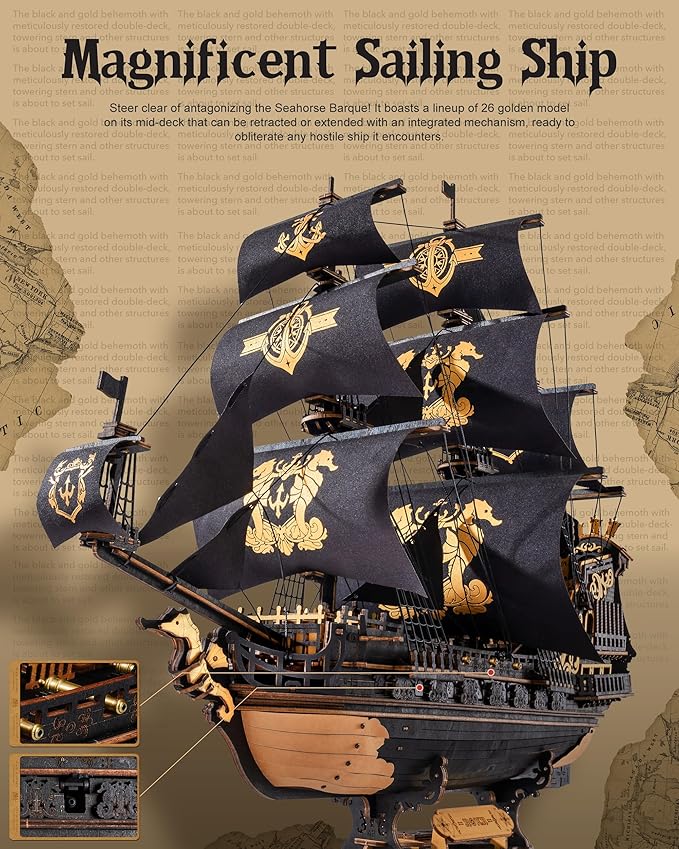 ROBOTIME Seahorse 3D Wooden Puzzles for Adults, Black Sailboat Model Kits for Boys and Men, Home Office Decor Gifts Pirate Ship Building (603 Pcs)