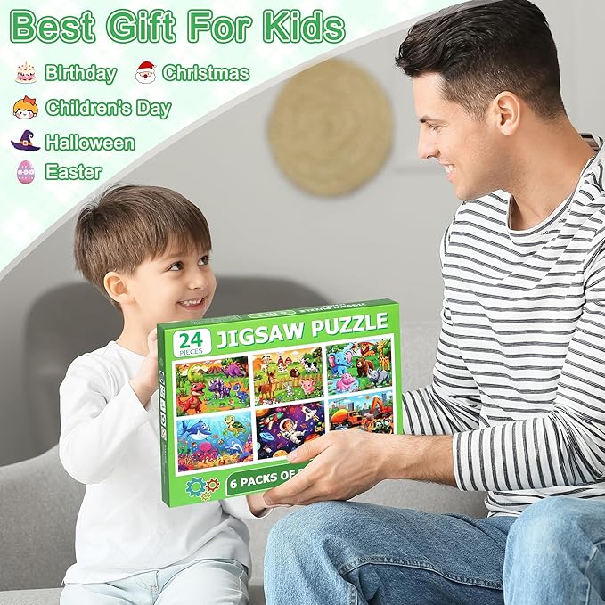 6 Packs Puzzles for Kids Ages 4-6, 24 PCS Animals Dinosaurs Farms Vehicle Ocean Space Jigsaw Puzzles for Kids Ages 3-5|4-8,Preschool Educational Puzzles Toys Gifts for 3 4 5 6 Boys Girls