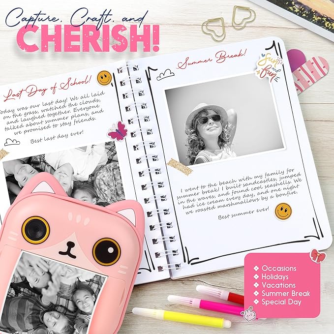 Photomaker Kit - Instant Print Camera for Kids Plus DIY Journal Kit for Girls - 150 Pcs Tween Journal & Camera for Girls - 6 7 8 9 10 11 12 13 14 Year Old Girl (Cat)