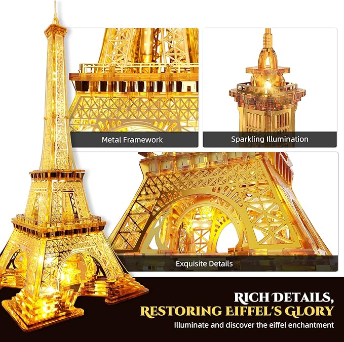 LED 3D Puzzle Eiffel Tower Building Model - 3D Architecture Building Model - Landmark of Paris at Night - 3D Acrylic Puzzle Décor Lamp DIY Ornament Nightlight(Large,Gold)