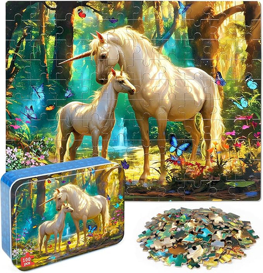 LELEMON Puzzles for Kids Ages 4-6,Unicorn 100 Piece Puzzles for Kids Ages 4-8 in a Metal Box,Educational Jigsaw Puzzles 100 Piece Puzzle Games Puzzle Toys for Girls and Boys
