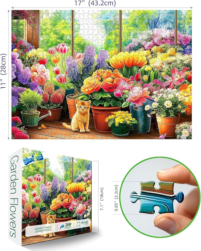Blueforest 300 Piece Jigsaw Puzzle for Adults - Cute Kitten & Flower Garden, 17x11 Inch, Fun & Relaxing Adult Puzzles for Stress Relief