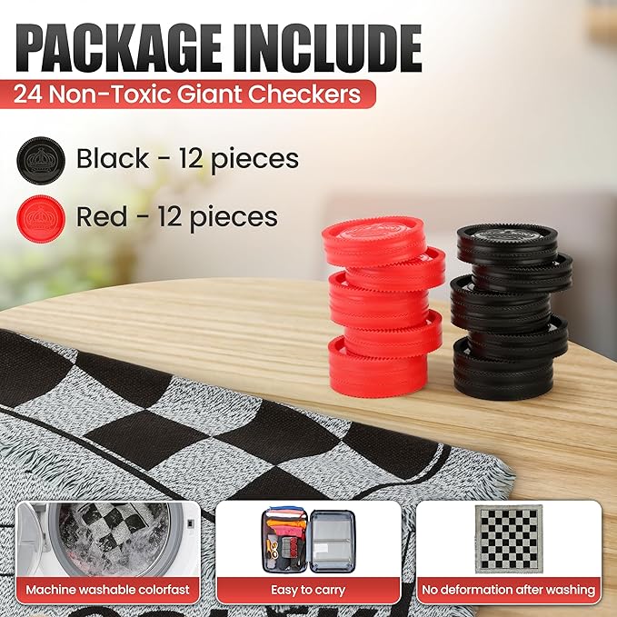 Bolaball 3-in-1 Checkers, Tic Tac Toe Jumbo Game, Reversible Carpet, Indoor Outdoor Yard Board Game for Family and Friends with 24 Chips (Large Checker)