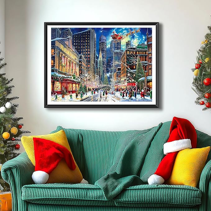 Blueforest Christmas Jigsaw Puzzle 1000 Pieces for Adults - 27.5x19.7 Inches City Night Scene with Santa Sleigh, Challenging Fun Adult Puzzles Home Decor