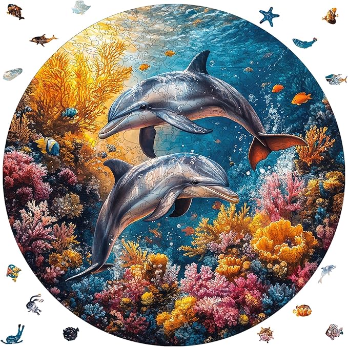 Wooden Puzzles for Adults, Dolphin Wooden Jigsaw Puzzles 500 Pieces, Royal, 16.5 in Unique Shape Ocean Puzzle, Irregular Puzzle Creative for Adults and Kids Family Games