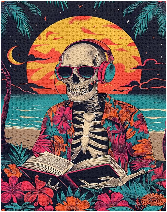 Tucocoo Skeleton Headphones Head Jigsaw Puzzle 1000 Pieces Puzzles for Adults, Reading a Book Beach Chic Style Flowers Art Puzzles for Challenging Family Activity Games DIY Puzzle for Home Decor Gift
