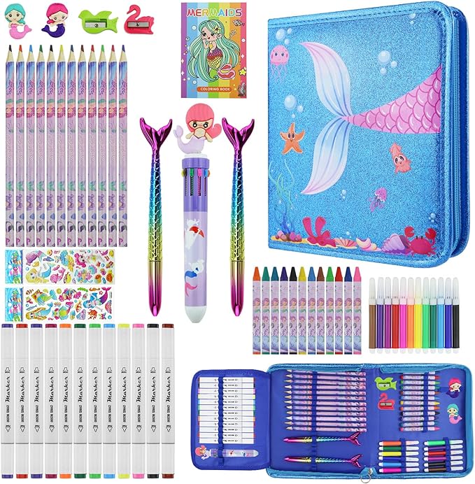 JAMIEWIN Markers Set with Glitter Mermaid Pencil Case, 59 Pcs Art and Craft Supplies Kit for Kids, Mermaid Gifts for Girls 4-9 Year Old for Christmas Birthday