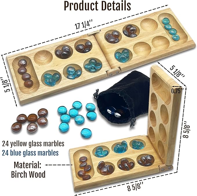 Customized Mancala Board Game with Personalized Wood Folding Board 50 Glass Stones Marble Custom Engraved Game Set for Birthday, Family Game Night