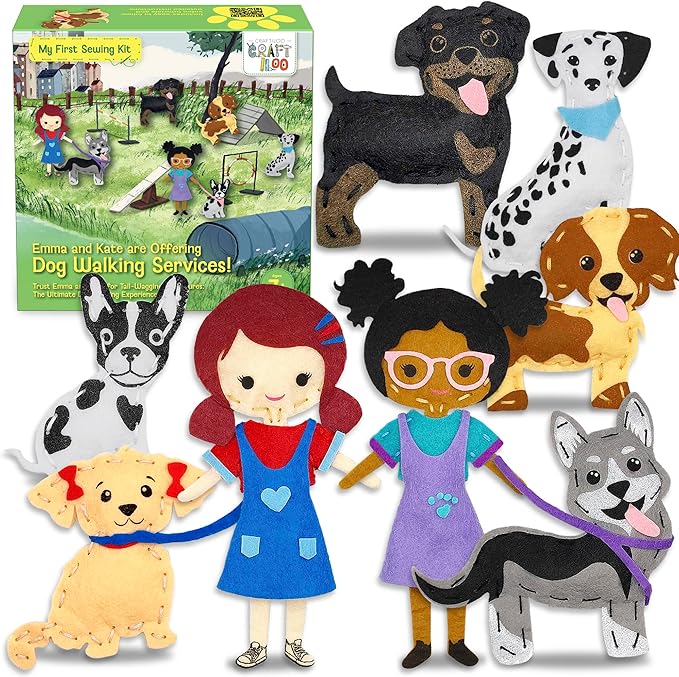 CRAFTILOO 8 Pre-Cut Dogs Stuffed Animal Fun Kids Sewing Kit for Kids Ages 8-12 Children Beginners Sewing kit Kid Puppy Crafts Felt Pillow Plush Craft Kit Girls and Boys