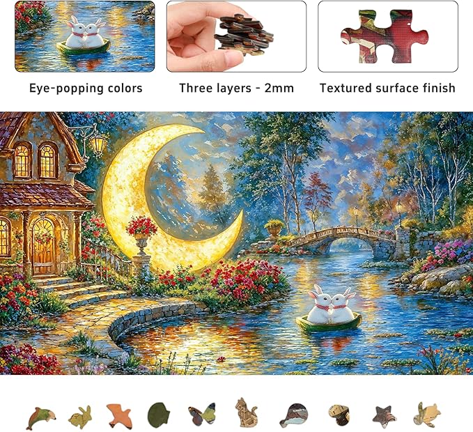 Jigsaw Puzzles for Adults 1000 Pieces, Painting Art Rabbit Moon Night Brain Challenging Unique Shaped Puzzle for Game Night, Family, Friends, Gift Puzzle
