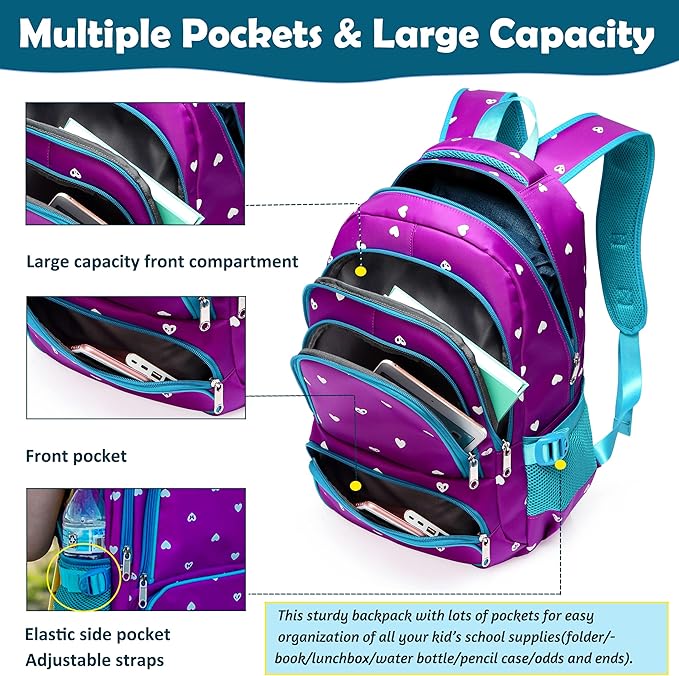 BLUEFAIRY Kids Backpack for Girls Primary Elementary School Bag Bookbag for Childs Book Bag Mochilas Escolares para Niรฑas de 4-6 Back to School Cute Gifts 17" Heart Print/Purple