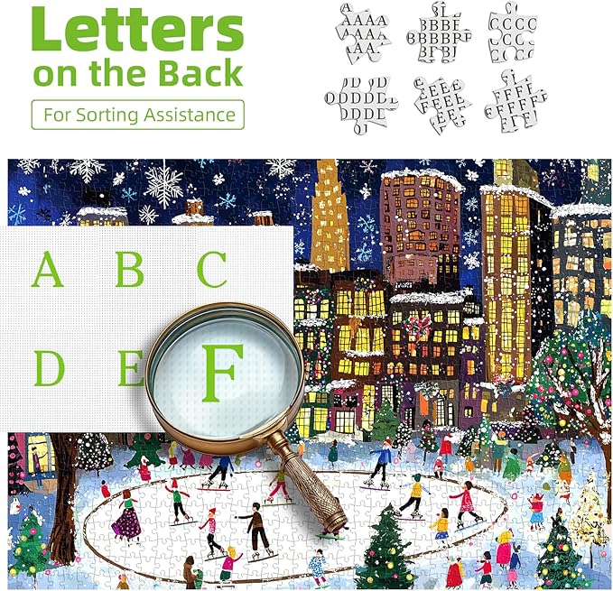 1000 Piece Puzzle for Adults Christmas Winter Ice Skating Cityscape Night City Beautiful Scene with Snow & Lights, Festive Holiday Jigsaw Puzzles Challenging Puzzle for Holiday Decor
