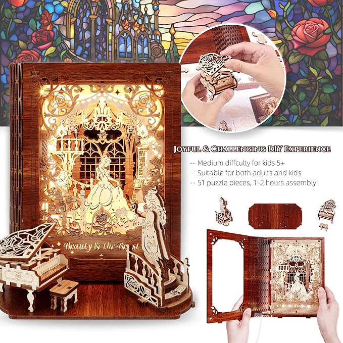 Beauty and The Beast 3D Puzzle Nightlight – LED 3D Puzzle Gifts – 3D Wood Puzzles Storybook Nightlight Home Décor for Kids and Adults