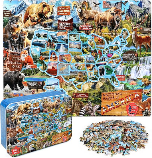 LELEMON Puzzles for Kids Ages 4-6,National Parks Map 100 Piece Puzzles for Kids Ages 4-8 in a Metal Box,Educational Jigsaw Puzzles 100 Piece Puzzle Games Puzzle Toys for Girls and Boys
