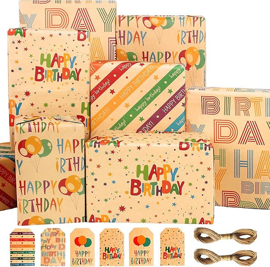 Wrapping Paper Birthday Gift Wrapping Paper Sheets Set, Kraft Birthday Gift Wrap Set,Balloon Star Happy Birhtday Paper with Tags String,Bday Present Wrap for Boy Girl Women Men