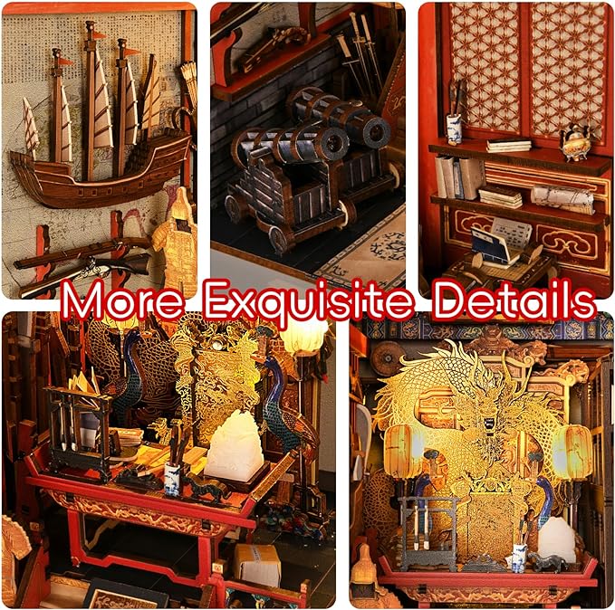 DIY Book Nook Kit for Adults, 3D Wooden Puzzle Bookend Bookshelf Insert Decor with LED Light and Dust Cover (The Emperor's Study)