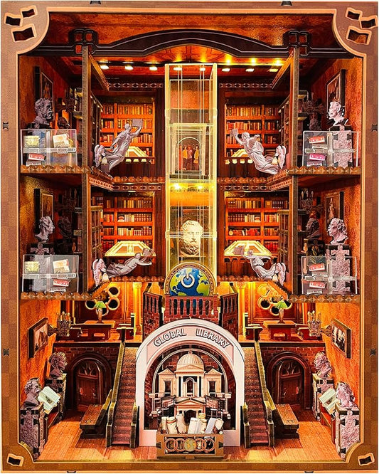 Book Nook Kit - Miniature Dollhouse Booknook for Adults & Teens, 3D Wooden Puzzle Bookshelf Decor with LED Lights (Battery/Type-C), Creative DIY Gift for Book Lovers