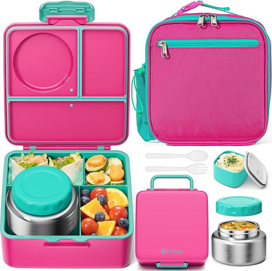 Fimibuke Bento lunch Box Set for Kids Adult with 8oz Thermos Food Jar, Insulated Lunch Bag &Sauce Cup, Leakproof Dishwasher Safe Toddler Lunch Food Container with 3-4 Compartment for School Girls Boys