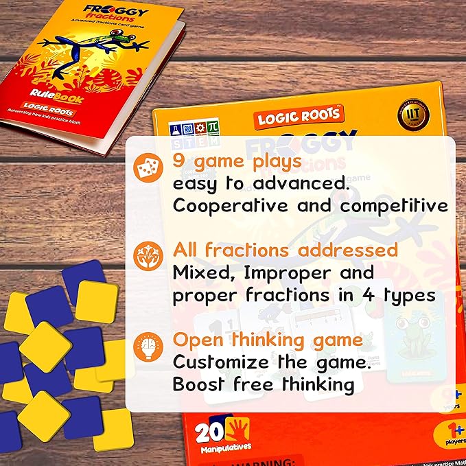 Froggy Fractions Math Games for Fourth Grade and up, 24 Fraction Manipulatives 72 Proper, Improper, and Mixed Fractions Card, Stem Toys for 10 Year Olds and Up