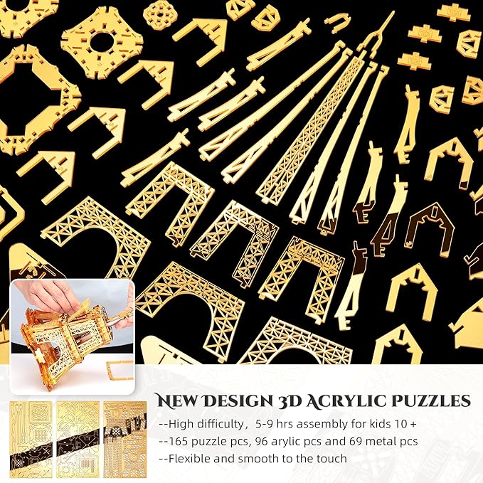 LED 3D Puzzle Eiffel Tower Building Model - 3D Architecture Building Model - Landmark of Paris at Night - 3D Acrylic Puzzle Décor Lamp DIY Ornament Nightlight(Standard,Gold)
