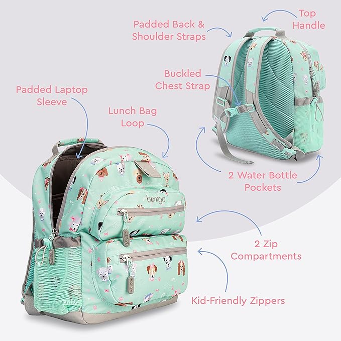 Bentgo Kids Backpack - Lightweight 14” Backpack in Fun Prints for School, Travel, & Daycare, Ideal for Ages 4+, Roomy Interior, Durable & Water-Resistant Fabric, & Loop for Lunch Bag (Puppy Love)