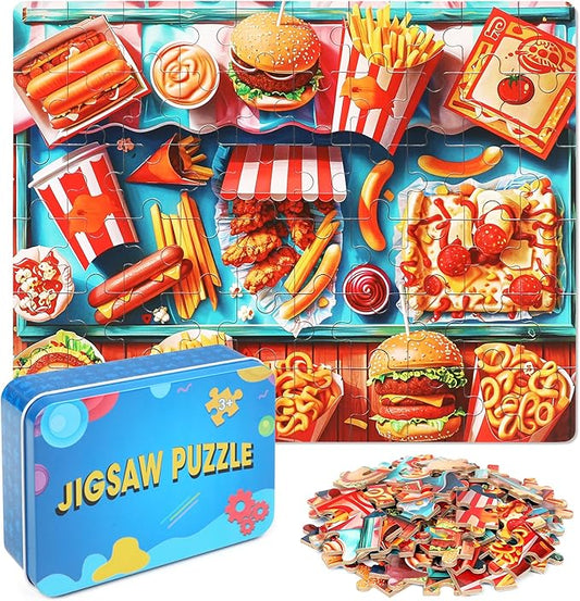 LELEMON Hamburger Jigsaw Puzzles in a Metal Box 60 Pieces Hamburger Jigsaw Puzzle for Kids Ages 4-8 Children Learning Educational Puzzles Toys