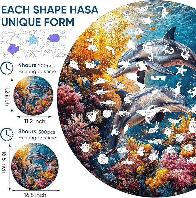 Wooden Puzzles for Adults, Dolphin Wooden Jigsaw Puzzles 200 Pieces,11.2 in Unique Shape Ocean Puzzle, Irregular Puzzle Creative for Adults and Kids Family Games